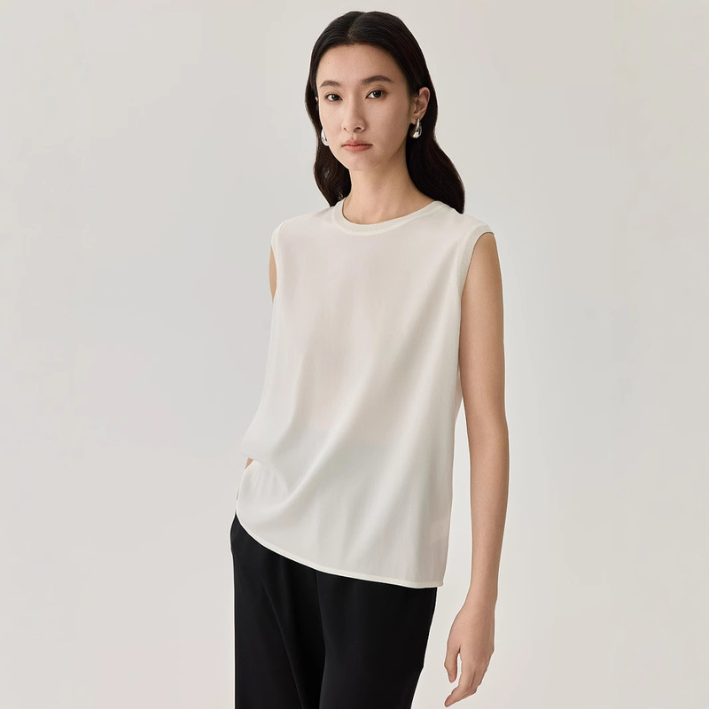 Summer Mulberry Silk Pullover Sleeveless T-Shirt Silk Crewneck Fashionable Simple Solid Color Vest Base Shirt for Women Summer Mulberry Silk Pullover Sleeveless T-Shirt Silk Crewneck Fashionable Simple Solid Color Vest Base Shirt for Women