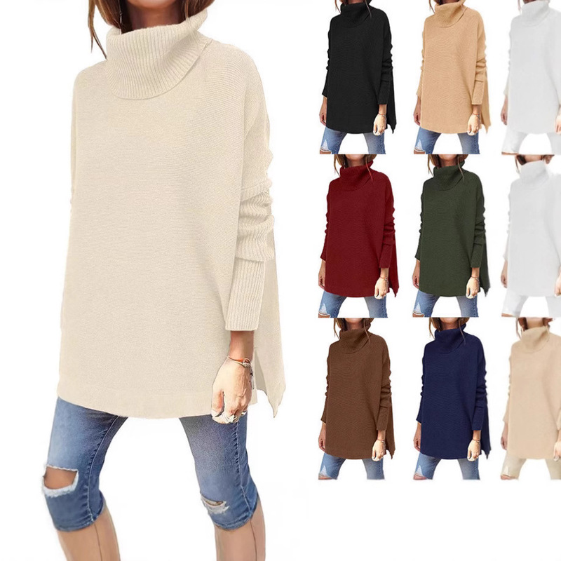 2024 Autumn and Winter New Women's Turtleneck Pullover Sweater Loose Bat Sleeve Split Hem Waist Mid-length Sweater 2024 Autumn and Winter New Women's Turtleneck Pullover Sweater Loose Bat Sleeve Split Hem Waist Mid-length Sweater