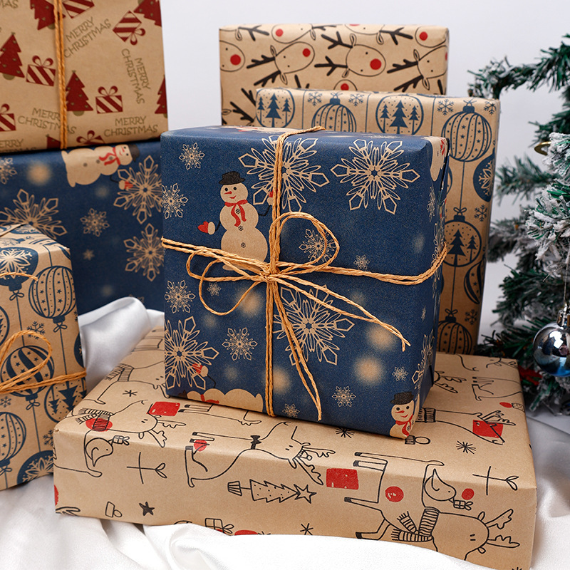 Papel de Regalo Navideño en Rollo Grande, Papel Kraft Amarillo Vintage Ecológico, Juego de Papel de Regalo Navideño