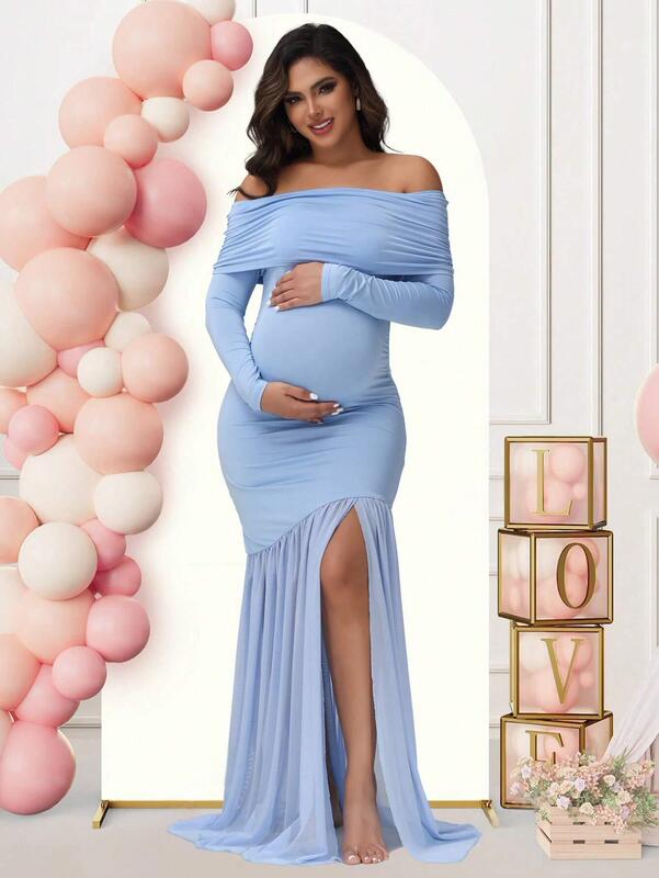European and American Style Maternity Dress with Long Sleeves, Off-Shoulder Design, Elegant Slim Fit, Bodycon Mesh Patchwork Gown, Maternity Dress European and American Style Maternity Dress with Long Sleeves, Off-Shoulder Design, Elegant Slim Fit, Bodycon Mesh Patchwork Gown, Maternity Dress