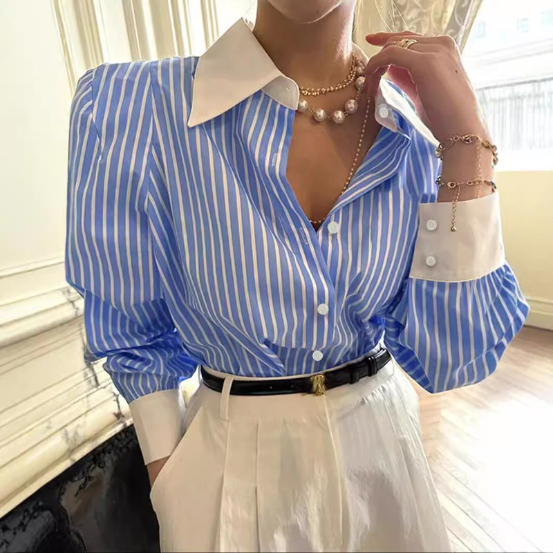 2026 Cross-Border European and American Independent Platform French-Style Striped Patchwork Shirt Loose Casual Turn-Down Collar Outerwear Women's Trendy Shirt
