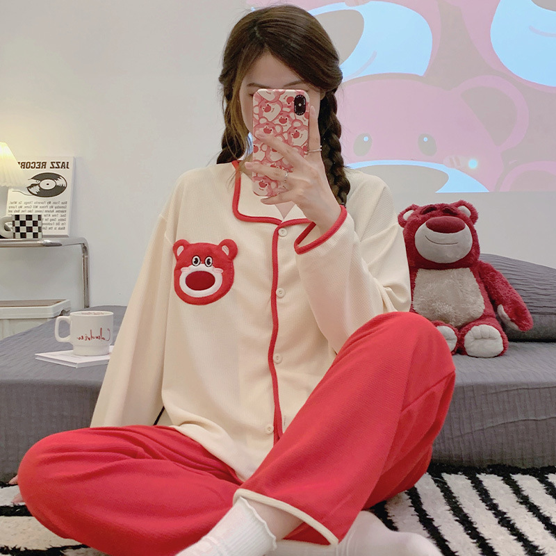 Internet Celebrity Bear pijamas mujeres waffle algodón Otoño e Invierno de manga larga pequeña solapa cardigan linda chica desgaste en casa traje