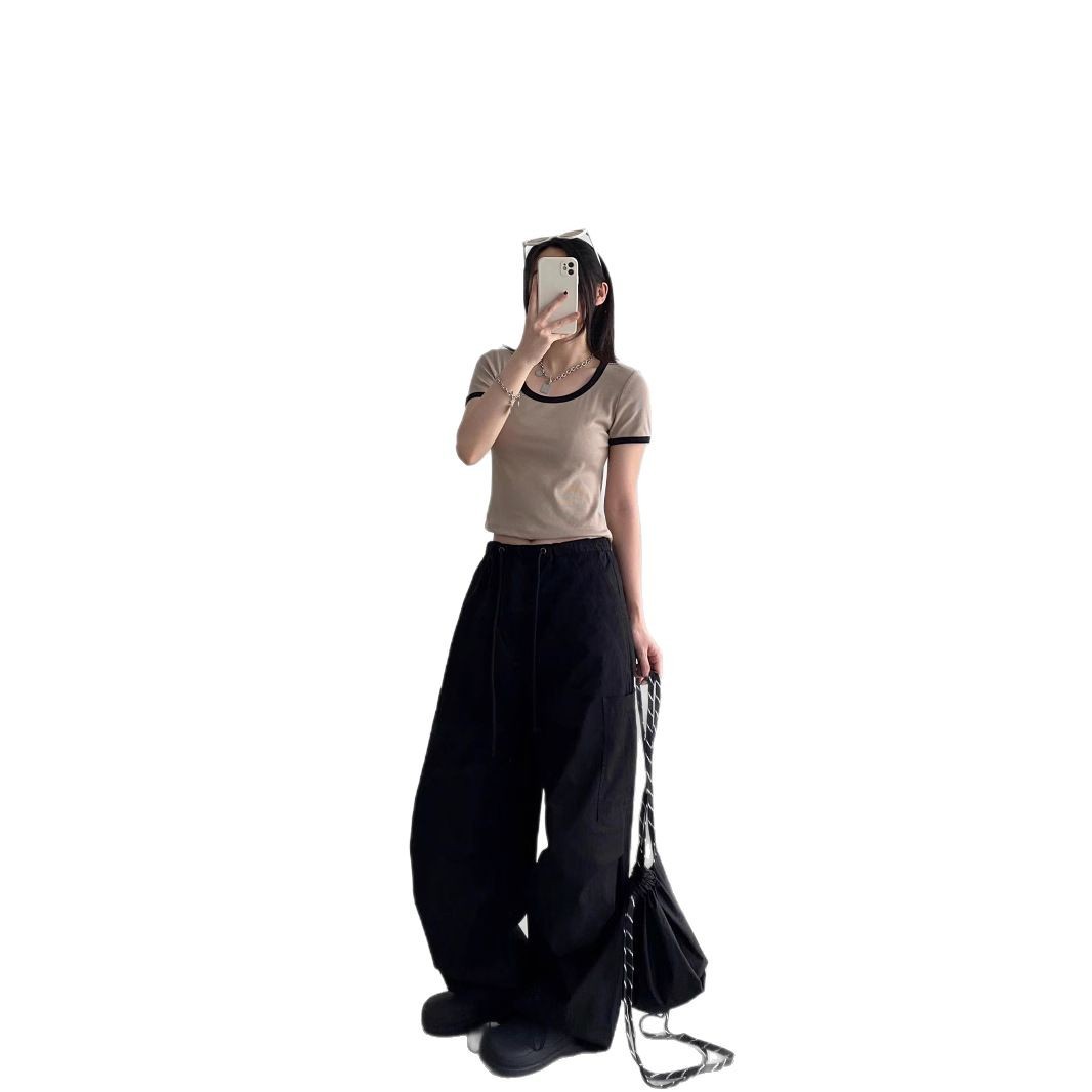 White High Street Slim Loose Wide Leg Overalls Women's 2025 Summer New Hip Hop Drawstring Casual Pants