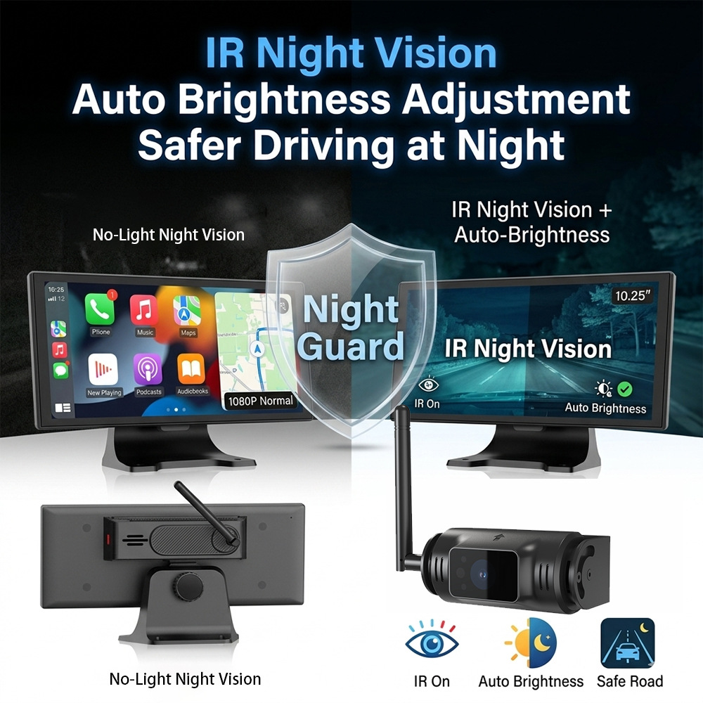 Nuevo producto inalámbrico de 11 pulgadas 3 en 1 carplay / registrador de conducción / cámara de marcha atrás HD sin luz