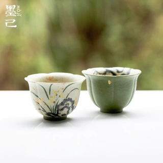 墨己陶瓷花口品茗杯手绘兰花中式家用小青柑仿古功夫茶具小号单杯