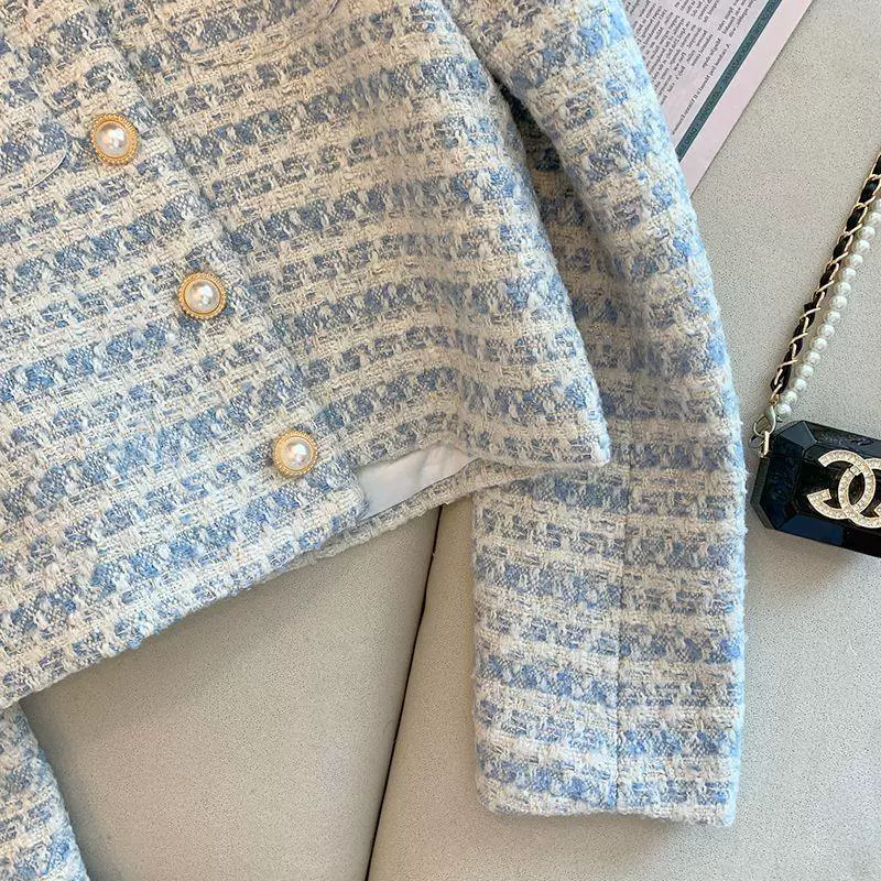 Голубая осенняя куртка из жемчуга, стиль Chanel, французский стиль