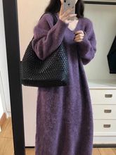 紫色法式针织连衣裙女秋冬装设计感慵懒风百搭洋气毛衣长裙子跨境