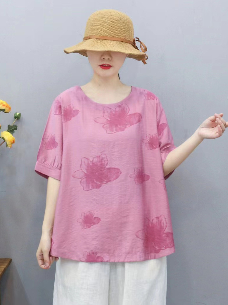 Nueva camiseta de mujer de estilo chino suelta impresa de manga corta para mujer camisa de fondo de verano Jersey cuello redondo artístico casual image 5