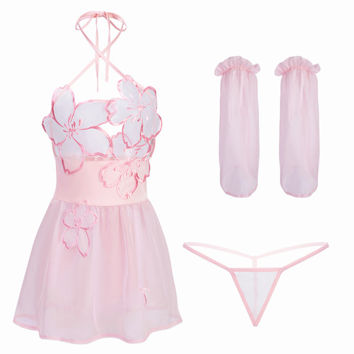 Manyan sexy lingerie, sexy ancient style Hanfu suspenders, peach blossom embroidery, soft gauze, see-through nightgown, uniform suit 8980