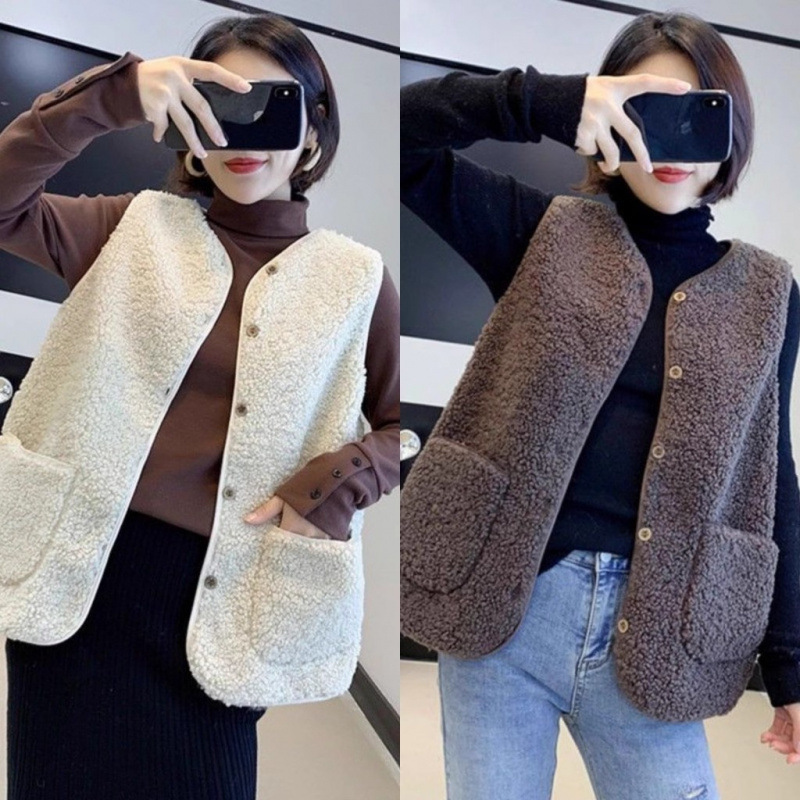 2024 Autumn and Winter New Loose Casual All-match Slimming Elegant Short Imitation Lamb Wool Vintage Sleeveless Vest