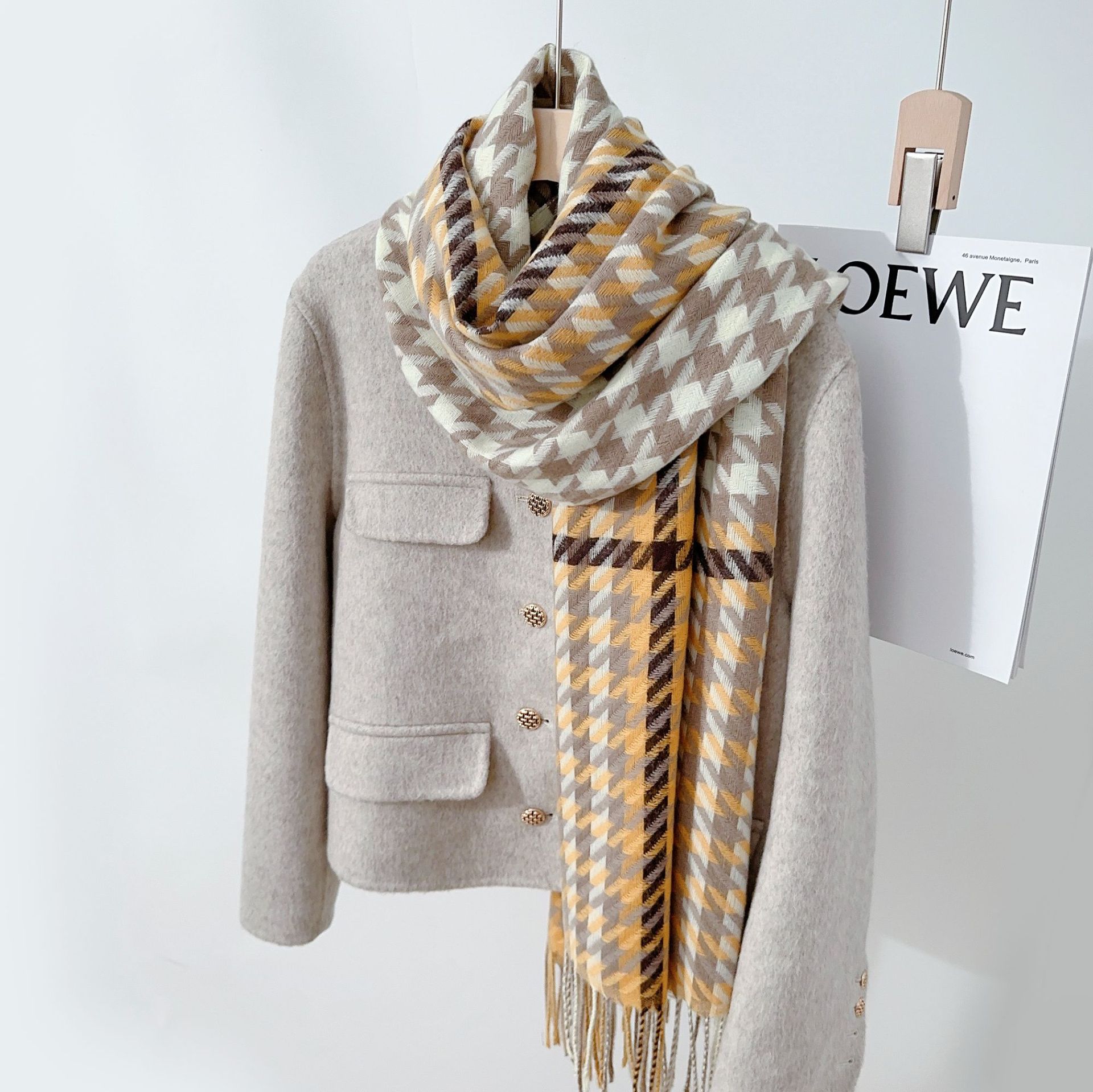 Colores contrastantes bufandas de cuadrillas de pájaros mujeres otoño y invierno imitación de cashmere coreana versátil estudiantes gruesos collar calentamiento velo sopa image 11