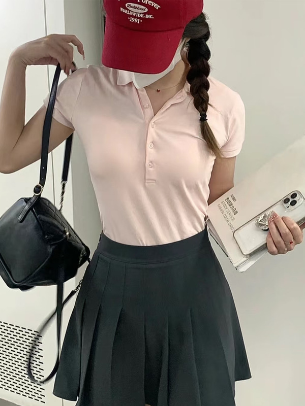 R1ラフ [五ボタンPOLOシャツ] 女性の純綿POLO襟一色一ヤード | 卸売り代発 | 天井|undefined