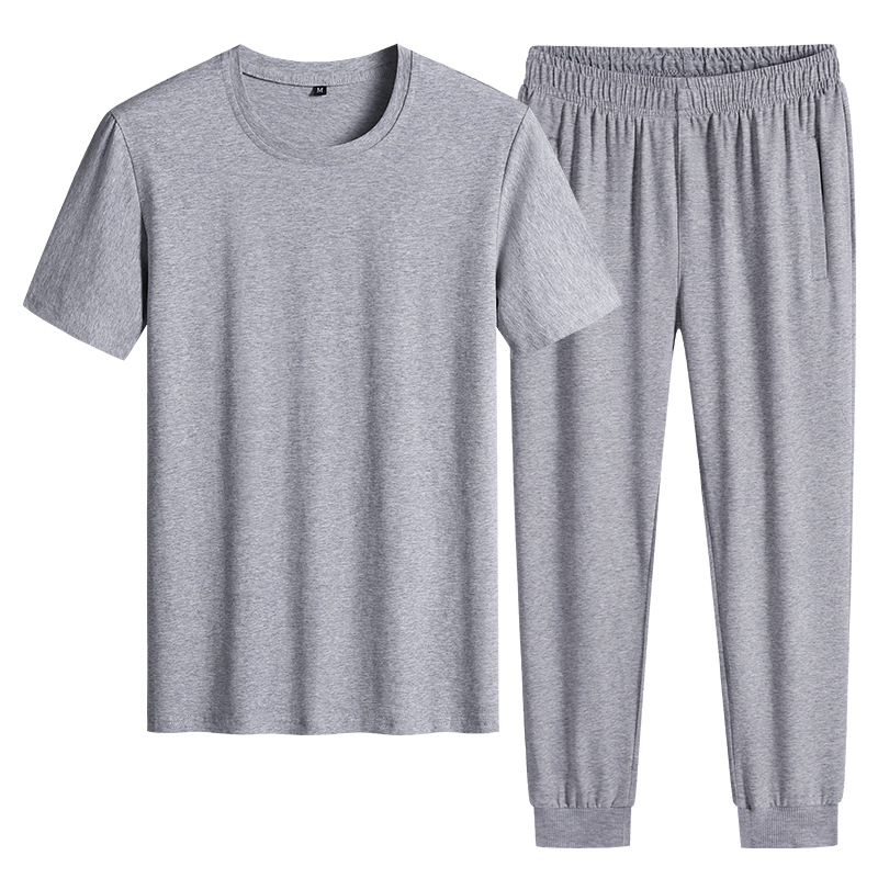 Trajes deportivos de algodón para hombres de verano, camisetas de manga corta delgada de mediana edad, ropa deportiva para correr suelta de dos piezas.