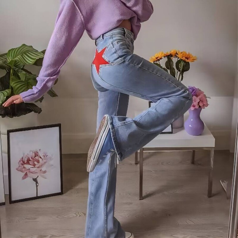 2025 Spring Cross-Border Exclusive Supply to Europe and America, Retro Mid-Waist, Back Five-Point Color-Blocked Long Pants, Casual Denim Flared Pants, High-Waisted