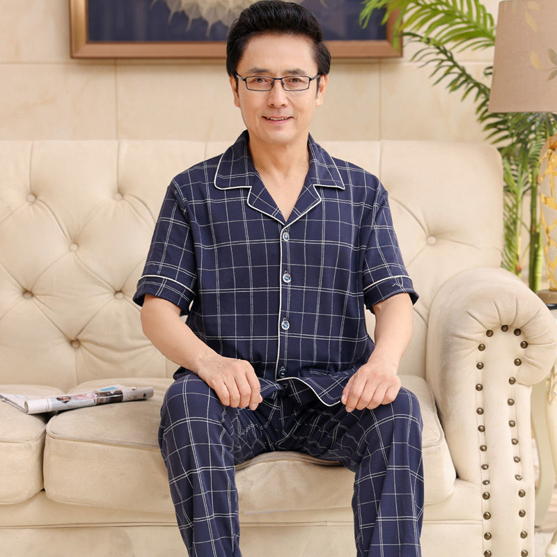 Papá pijamas de verano de algodón para hombres de manga corta delgada de verano pantalones largos de media manga para hombres de mediana edad set de ropa para el hogar
