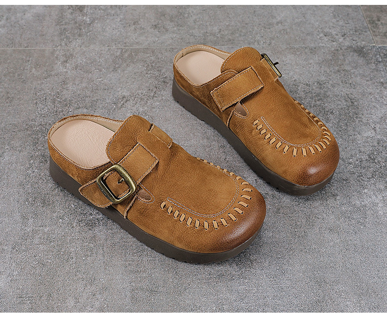 Dép sandal nữ bít mũi đế bệt da thật mềm mại form tròn — màu kaki chi tiết 13