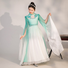 Children's Guzheng Performance Costume 2025 New Summer Green Gradient Color Girls' Chinese Style Hanfu Elegant Guzheng Dress