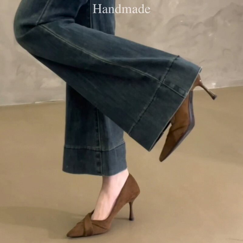 Sheepskin Version ~ French Style Beautiful Pointed Toe Cross Strap High Heels 2025 New Retro Suede Shallow Mouth Stiletto Shoes