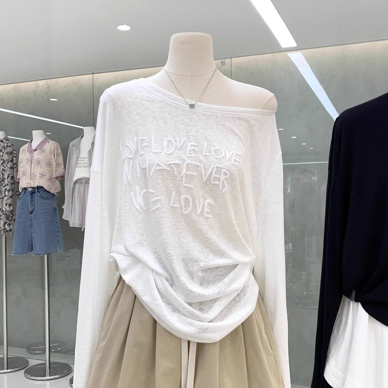 Pure Desire Lazy Style Letter Foam Print Sexy Slant Neck Long Sleeve T-Shirt Women's Autumn and Summer Thin Casual Sun Protection Cover-Up