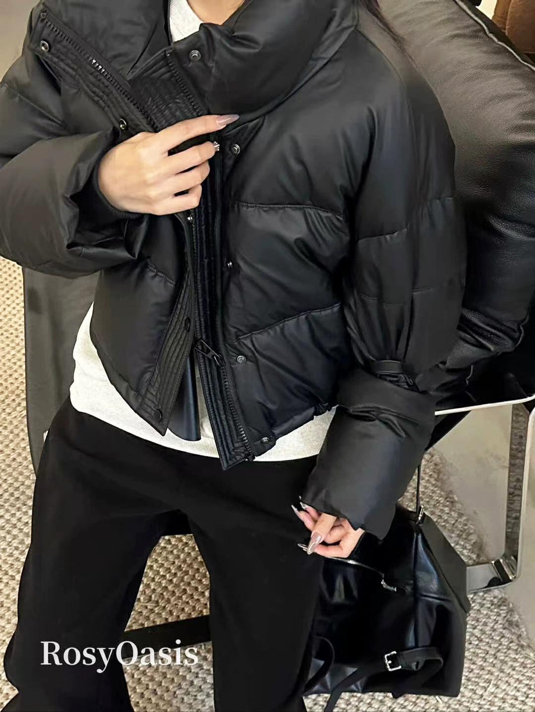 80898 소프트 PU 가죽 다운 재킷 - 블랙