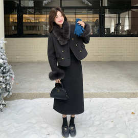 高级感毛领围脖羽绒服毛呢套装裙两件套女冬季2025新款ootd一整套