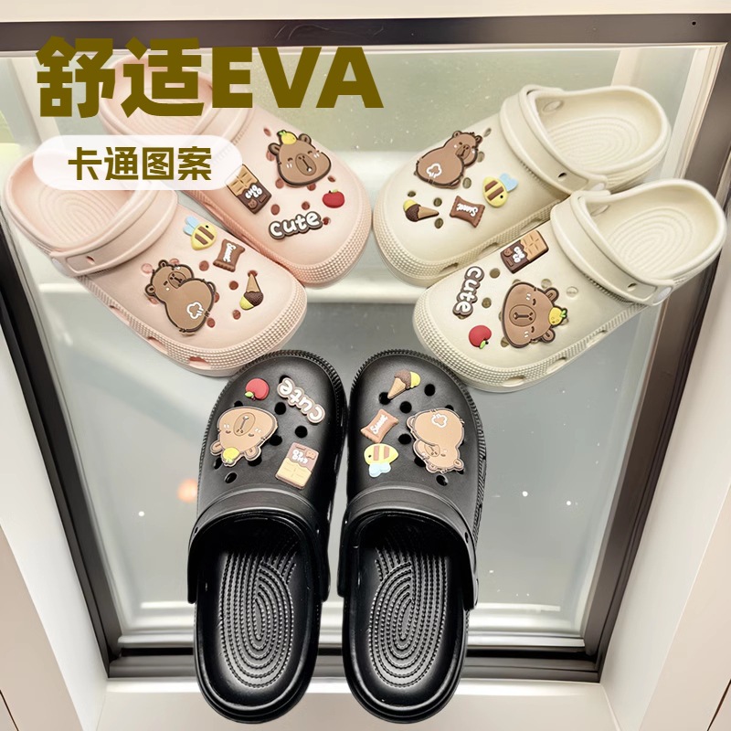跨境新款卡通小熊平底洞洞鞋 EVA轻底耐磨休闲沙滩鞋女款包头外穿