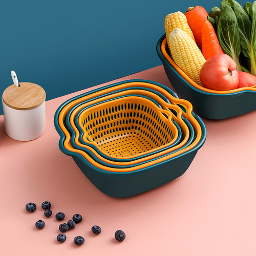Drain basket double-layered vegetable basin plastic 6-piece drain basin living room household filter fruit plate kitchen vegetable basin basket