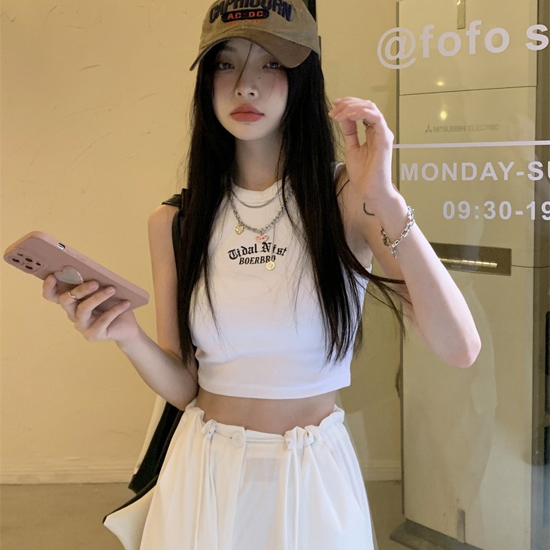 Nuevo estilo retro bordado caliente chica de algodón en forma de I Chaleco con almohadilla en el pecho Sling camisa de fondo exterior sin mangas