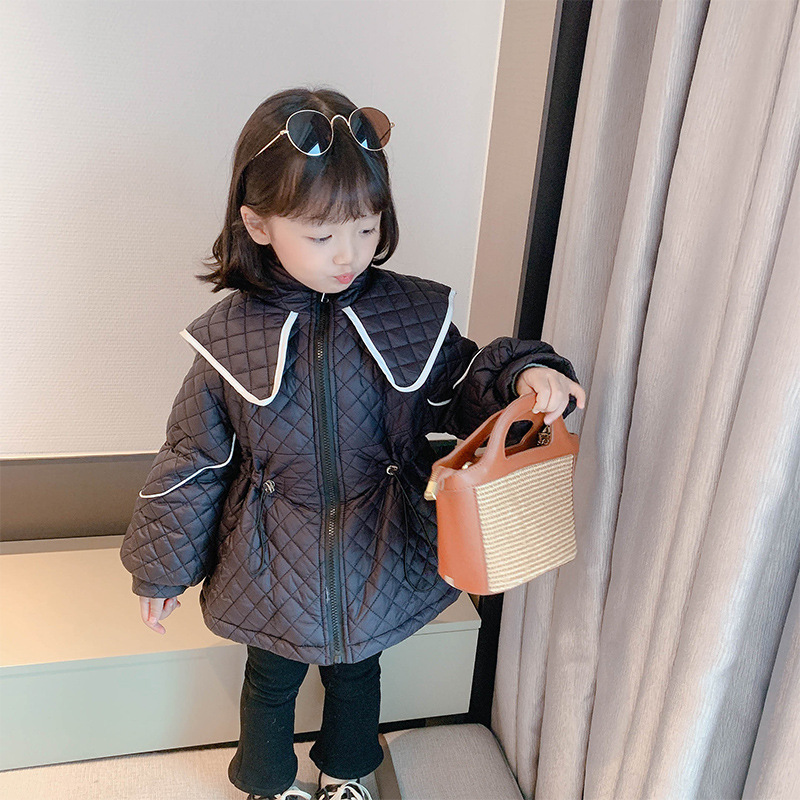 Girls'Coat Autumn And Winter Fashion Children's Style Baby Diamond Check Lapel Thickened Cotton Coat