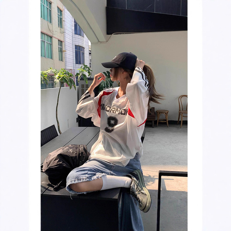 2025 Early Autum New Mesh Breathable Loose Casual Versatile Contrasting Color Stitching Printed V Neck Long-Sleeved Sweatshirt for Women