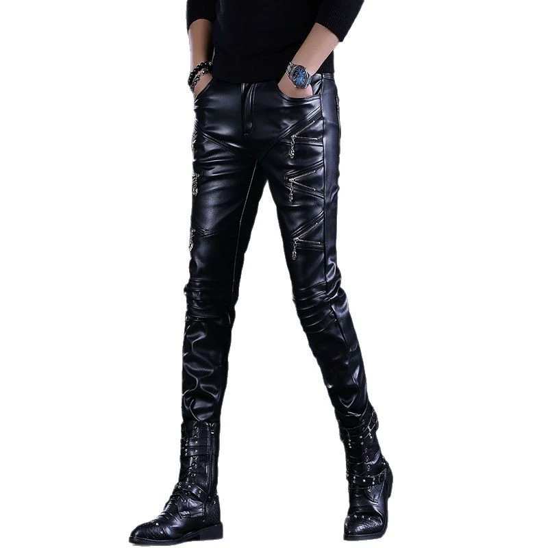 Slim Fit Black Leather Trousers with Zipper Details for Men, Imported, Multiple Sizes