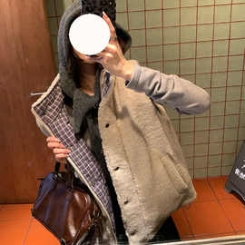 格子毛毛马甲外套新款秋冬宽松拼接羊羔毛休闲外套