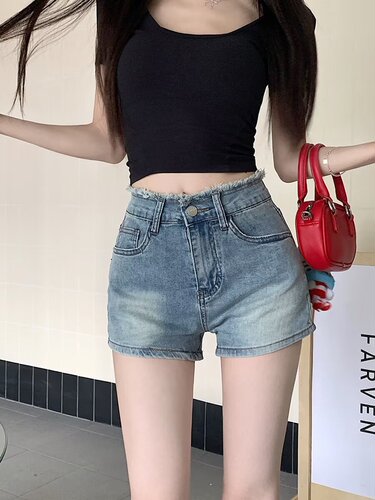 Women's New Summer Stretch Denim Shorts, Thin Fit, Large Size, High-Waisted, A-Line Straight Leg, Wide Leg Hot Pants