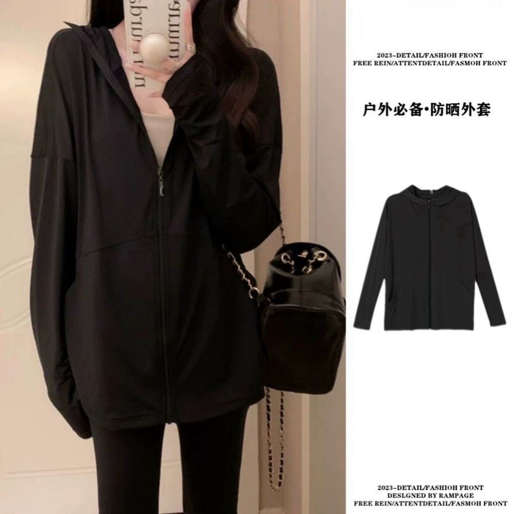 Silk sun protection clothing with hood, summer black breathable jacket, oversize