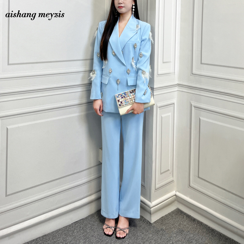 GraceChic High-End Socialite Elegant Foreign Trade Suit For Women 2025 Spring Autumn New Style With Rhinestones And Feather Flared_voghion.com