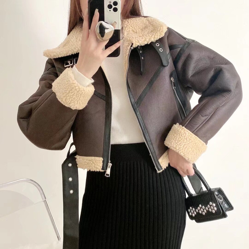 ラペルメイラードスタイル 2025 冬ショートラムウールジャケット女性のホットガールスタイル毛皮ワンピースオートバイジャケットトップ|undefined
