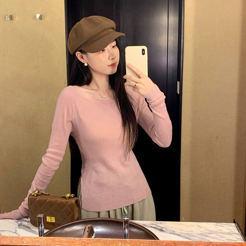 Korean Style Gentle Style Open Shoulder Wide Collar Split Long-Sleeve Knitted Sweater Women's Early Autumn New Inner Base Top