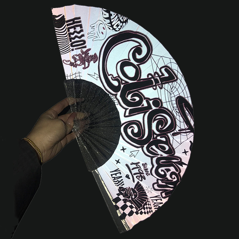 Bar transfronterizo bungee láser ventilador de tela reflectante polvo brillante ventilador de fractura de plástico transparente puede agregar diseño de impresión