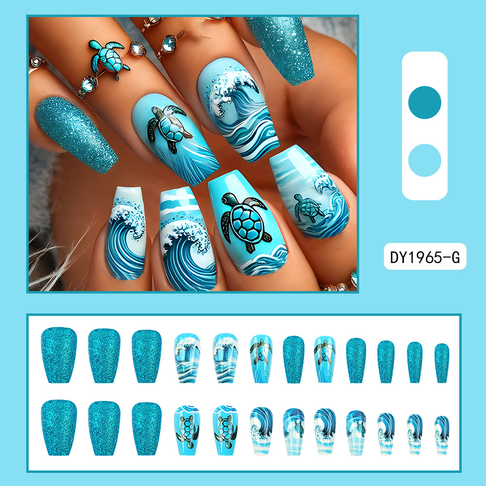 Ventas transfronterizas de tortugas marinas ondas manicuras azul mar fresco para usar uñas cortas 24 piezas de parche de uñas terminadas image 7