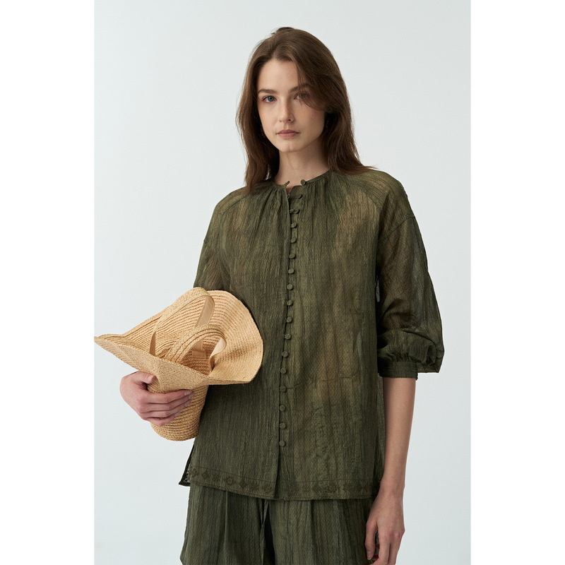 Comos Cms Tencel Pleated Dirty-Dyed Shirt for Women Summer 2026 New Style Transparent Light Shirt 258286