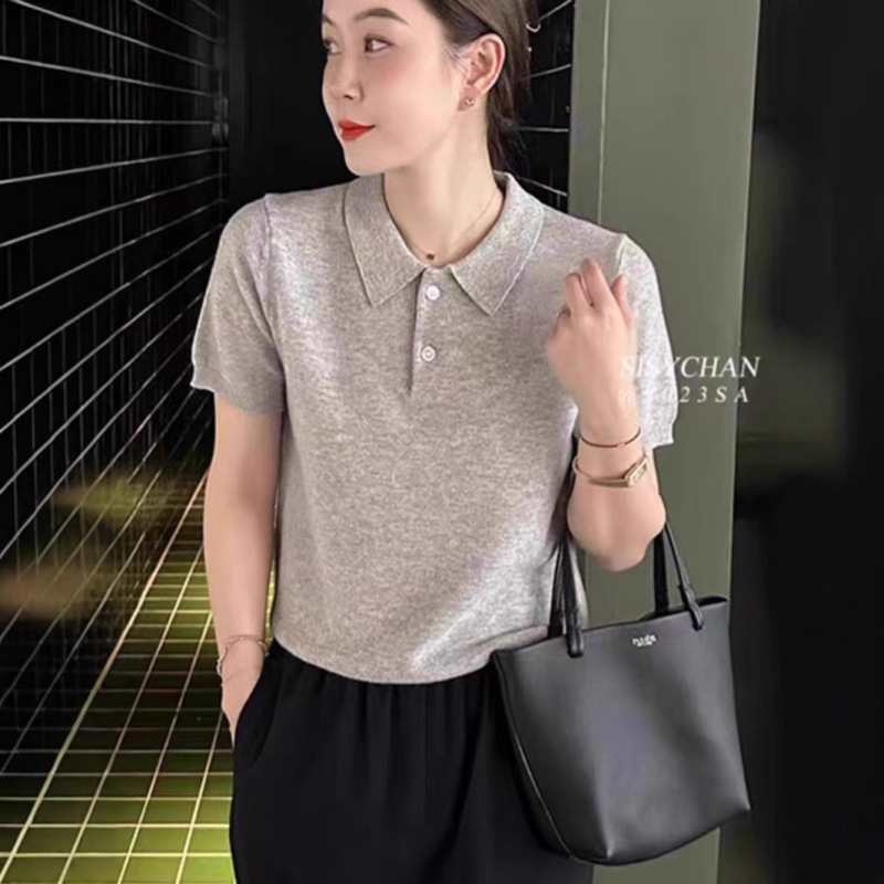 German Yangzi Yarn Fine Wool POLO Collar Knitted Shirt Short-sleeved Spring and Summer Thin Elegant Shirt Collar T-shirt Women's Trendy German Yangzi Yarn Fine Wool POLO Collar Knitted Shirt Short-sleeved Spring and Summer Thin Elegant Shirt Collar T-shirt Women's Trendy