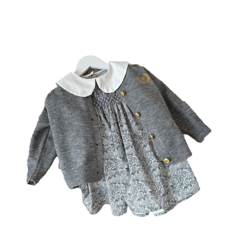 韓国風子供服女の子秋服セット24新作子供用グレーニットカーディガン万能長袖プリンセスドレス|undefined