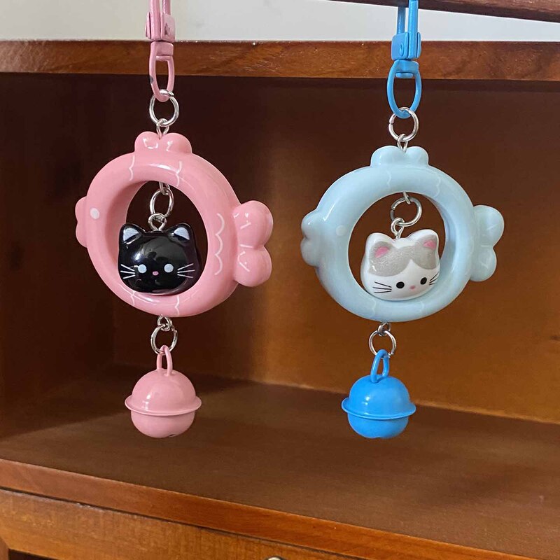 Original Cat and Fish Keychain with Colorful 3D Bell Pendant, Cute Gift for Best Friends and Couples, Bag Accessory