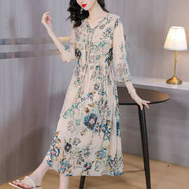工厂高端女装连衣裙夏款真丝收腰气质妈妈A字裙松紧带过膝中长裙
