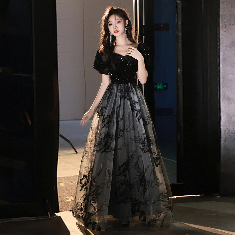 Black sequined evening dress light luxury niche Chinese style ink painting Annual Meeting dress birthday host performance dress