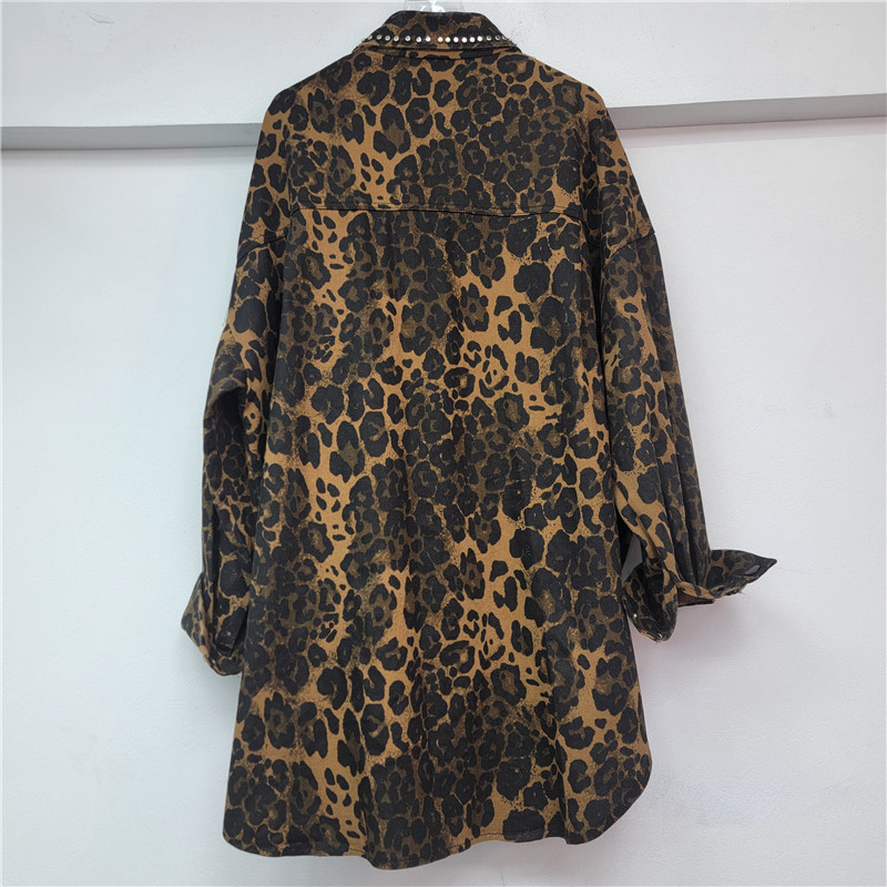 Camisa Suelta con Estampado de Leopardo de Poliéster con Cuentas y Manga Larga para Otoño