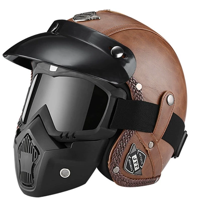 Motorcycle Safety Supplies, Retro Helmet Men's and Women's - 555-leather-helmet-dark-brown-mask-s