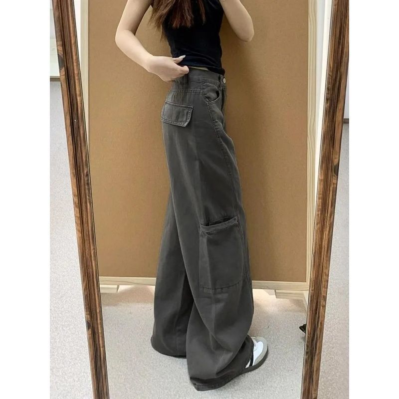 灰色阔腿牛仔工装裤女2025夏季新款高腰宽松显瘦百搭直筒拖地裤子|undefined