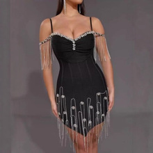 跨境奢华水钻流苏低胸包臀吊带短连衣裙时尚热辣派对绷带dress