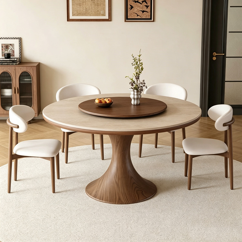 Vintage-style ash wood round dining table for small homes, walnut color, with a small waistline and a turntable, made of rock slab
